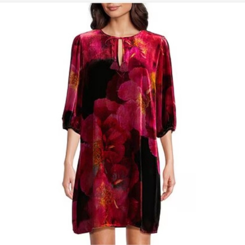NWT JOHNNY WAS Vesna Floral Bloom Placement Print Velvet  Shift Dress - Picture 3 of 8